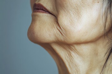 Obraz premium aging saggy skin on a woman's neck, with copy space. Soft, natural lighting. Simple, neutral background