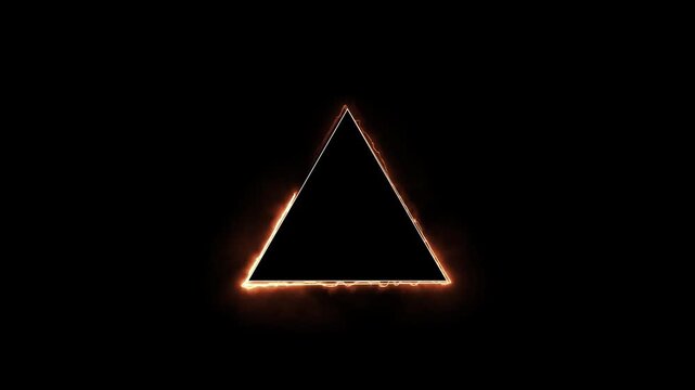 Abstract Neon glowing fire triangle icon motion concept animation, on black background.