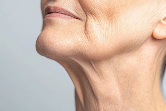 Elderly Woman’s Face: Sagging Skin, with copy space. Soft, natural lighting