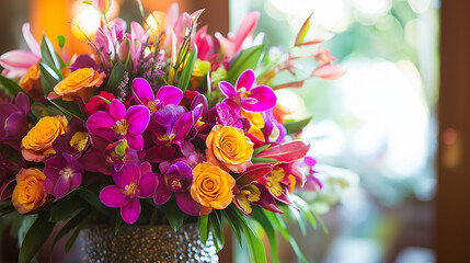 A vibrant bouquet with bright yellow roses and deep purple orchids in a decorative vase. The background has soft bokeh, emphasizing the fresh and colorful flowers.