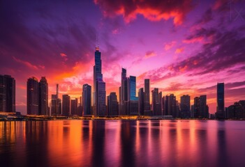Obraz premium breathtaking skyline panorama sunset featuring vivid clouds vibrant colors, aesthetic, architecture, atmospheric, beautiful, bright, charm, cityscape