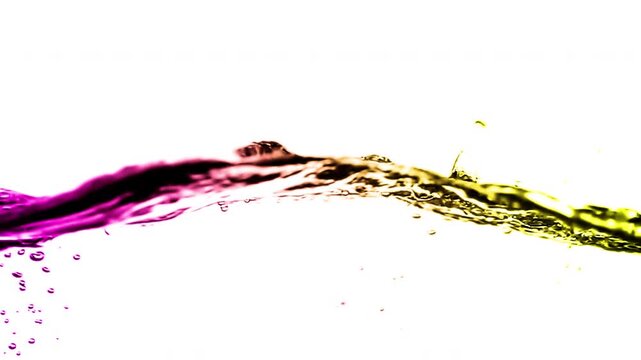 Water waves with splashes and falling drops with beautiful pink-yellow gradient isolated on white background. Studio shot. Slow motion 4k raw video shot with high speed camera.