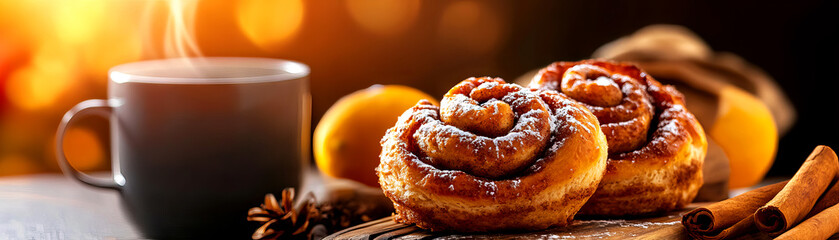 Fototapeta premium Delicious cinnamon rolls served with a warm cup of coffee, perfect for a cozy breakfast or afternoon treat.