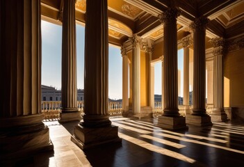 Fototapeta premium bold shadows dancing majestic neoclassical columns under soft light creating striking architectural contrast, architecture, design, symmetry, grandeur