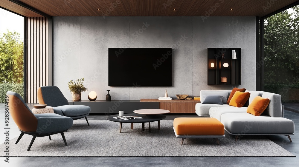 Wall mural Modern living room interior with contemporary furniture, large wall-mounted TV, gray sectional sofa with orange pillows, two accent chairs, and a coffee table on a rug.