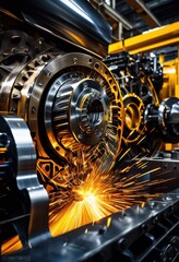 Obraz premium dynamic perspectives powerful machinery engaged action intricate mechanical components vibrant energy, dynamics, technology, equipment, industrial, design