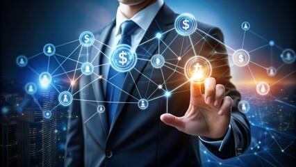 Obraz premium Digital hand touches futuristic AI network, connecting financial markets, currency exchange, and stock trading, symbolizing innovative fintech development in investment and banking technology.