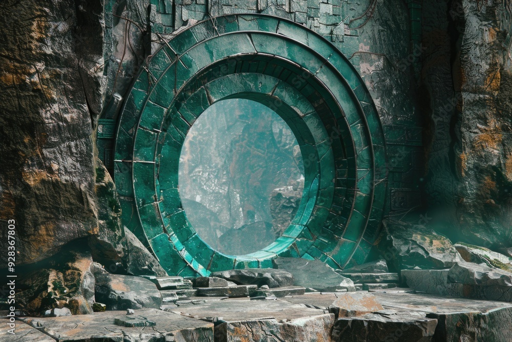 Poster a large circular window set into a stone wall, providing natural light and a view of the surrounding