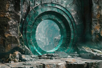 Fototapeta premium A large circular window set into a stone wall, providing natural light and a view of the surrounding landscape