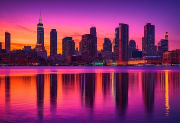 Obraz premium vibrant urban skyline reflections dusk colorful lights soft glows enhancing cityscape beauty, architecture, buildings, contemporary, design, evening, horizon