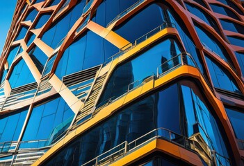 vibrant cutting edge city skyline showcasing colorful geometric designs clear blue sky, architecture, buildings, cityscape, contemporary, creative, glowing