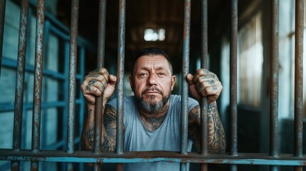 Obraz premium A tattooed man standing behind prison bars, gripping the bars with his hands. The expression on his face is serious and contemplative.