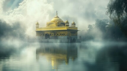Obraz premium Sacred Sikh gurdwara with its golden dome surrounded by mist and reflections in the water, creating a mystical and peaceful scene