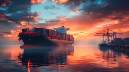 cargo ship at sunset Generative AI	
