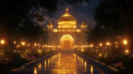 Obraz premium Sacred Sikh gurdwaras golden dome glowing in the twilight, surrounded by peaceful trees and illuminated walkways