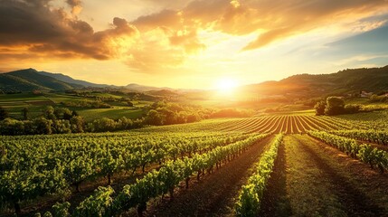 beautiful view in a green farm field with rows of rural plants and vegetables with amazing sunset or sunrise on background of agricultural landscape. Generative ai