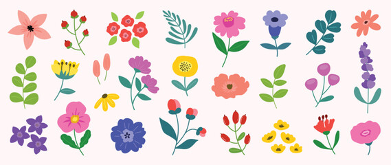 Collection of spring colorful flower elements vector. Set floral of wildflower, leaf branch, foliage on white background. Hand drawn blossom illustration for decor, easter, thanksgiving, clipart.