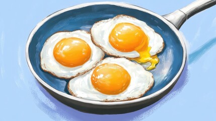 Three fried eggs in a large pan, with one yolk broken and mixing into the whites, creating a dynamic breakfast scene.