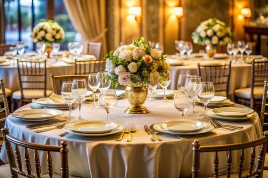 Elegant dinner table set with round banquet seating, adorned with crisp linens, sparkling glassware, and fine china, awaiting guests in a sophisticated atmosphere.