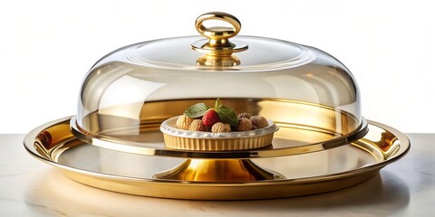 Elegant high-gold-colored stainless steel plate with transparent glass lid, perfect for showcasing fruit, cheese, cookies, or cakes as a centerpiece for table decor in home or cafe settings.