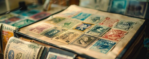 Collection of rare stamps displayed in an album, 4K hyperrealistic photo
