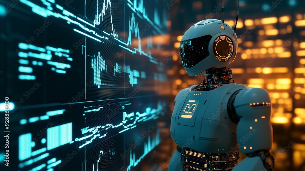 Poster a futuristic robot standing in front of digital screens displaying data visuals in a high-tech envir