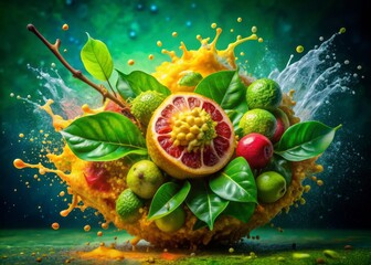 imli fruit bursting with juicy pulp surrounded by bright green leaves abstract expressionist still life photography bold brushstrokes vibrant colors emotive composition