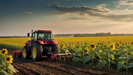 Fototapeta premium A farmer standing proudly beside a modern tractor, surrounded by fields of corn ready for harvest, under a bright autumn sky.