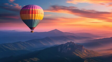 Hot air balloons above high mountain at sunset