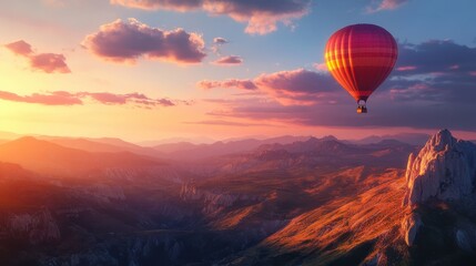 Fototapeta premium Hot air balloons above high mountain at sunset