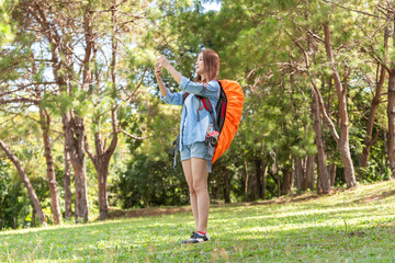 Woman Hikers Admiring and Forest walk and camping adventures