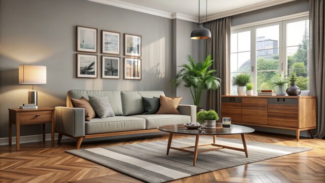 Elegant modern living room interior featuring a sleek sofa, wooden sideboard, glass coffee table, and decorative rug, perfect for customizeable mock up poster frame and personal touches.