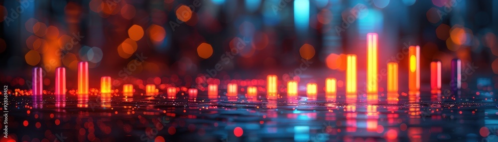 Poster vibrant audio visualization with colorful bars and shimmering reflections, creating a dynamic music 