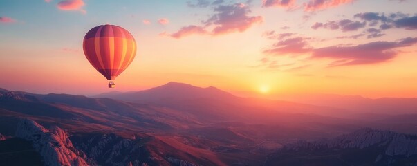Hot air balloon above high mountain at sunset, Landscape - Scenery, Travel, Balloon