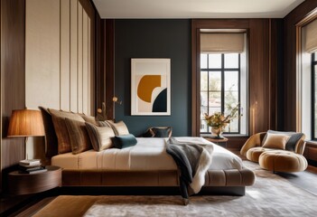 Obraz premium elegant luxurious bedroom stylish design elements featuring plush chic ambient lighting relaxing atmosphere, luxury, elegance, furniture, interior, decor