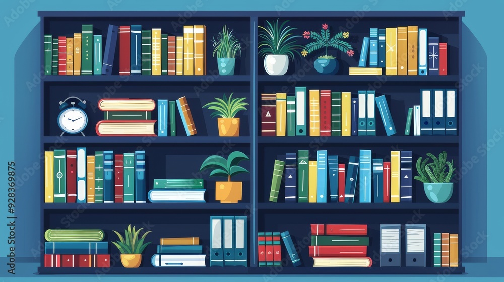 Poster cartoon vector organized bookshelf with books and files representing knowledge resources