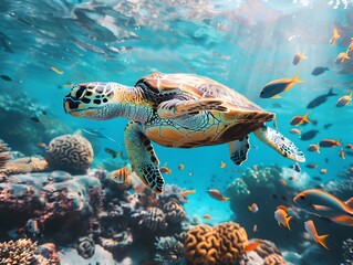 Majestic Sea Turtle Gliding Through Vibrant Underwater Coral Reef Ecosystem