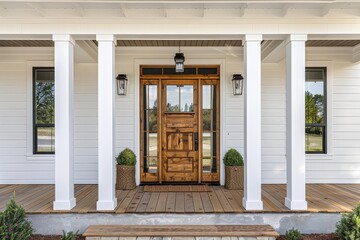 Elegant front porch with white columns, wooden planks, and light wood door frame in coastal Texas architecture.