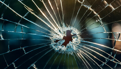 Broken glass from impact. Bullet hole in glass.