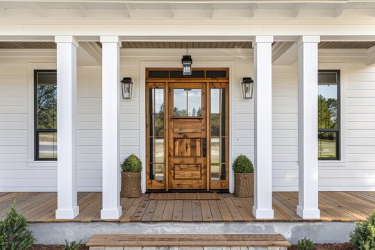 Elegant front porch with white columns, wooden planks, and light wood door frame in coastal Texas architecture.