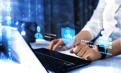 VPN secure connection. Remote server with private internet network technology to protect privacy of...