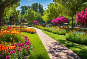Obraz premium inviting urban park design featuring lush vibrant flower scenic community spaces relaxation recreation, greenery, flowers, pathways, nature, landscape