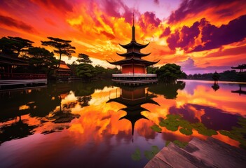 Obraz premium intricate pagoda silhouette vibrant sunset sky rich colors textures, architecture, design, detail, clouds, landscape, nature, beauty, structure, asian