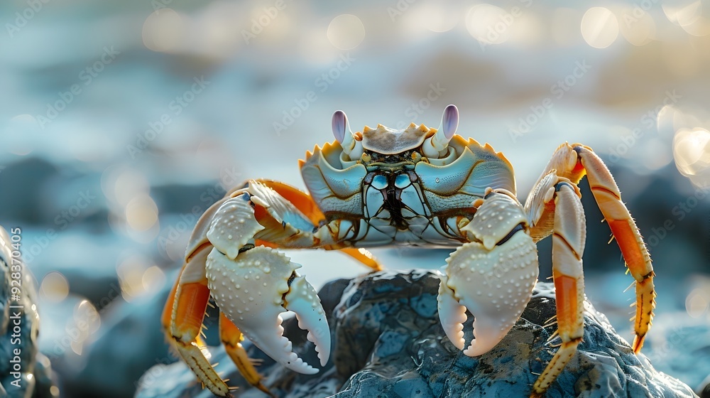 Wall mural Close up of Scuttling Crab on Rocky Shore Against Ocean Backdrop