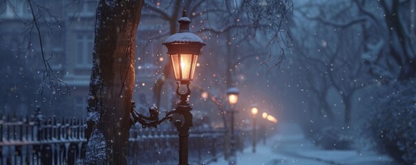 Victorian-era street lamp in the snow, 4K hyperrealistic photo