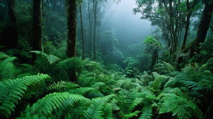 Obraz premium Lush Rainforest Landscape with Fog and Ferns