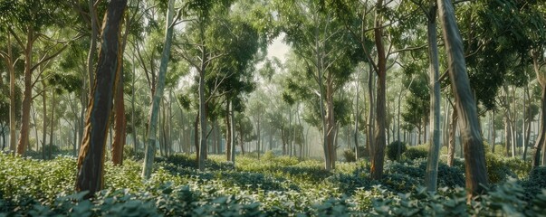 Fototapeta premium Thick eucalyptus grove with aromatic leaves, 4K hyperrealistic photo