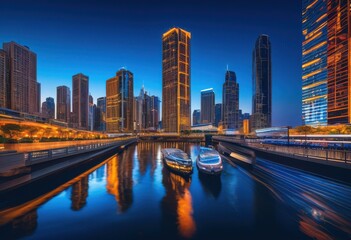 Obraz premium stunning evening skyline illuminated colorful urban lights showcasing architectural beauty city life, architecture, landscape, buildings, night, vibrant