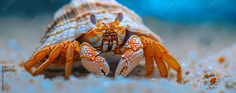 Poster curious hermit crab peeks out from shell exploring ocean floor
