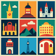 Fototapeta premium Famous world landmarks illustration in flat geometric style vector design Eiffel Tower church mountains buildings travel tourism architecture art EPS format